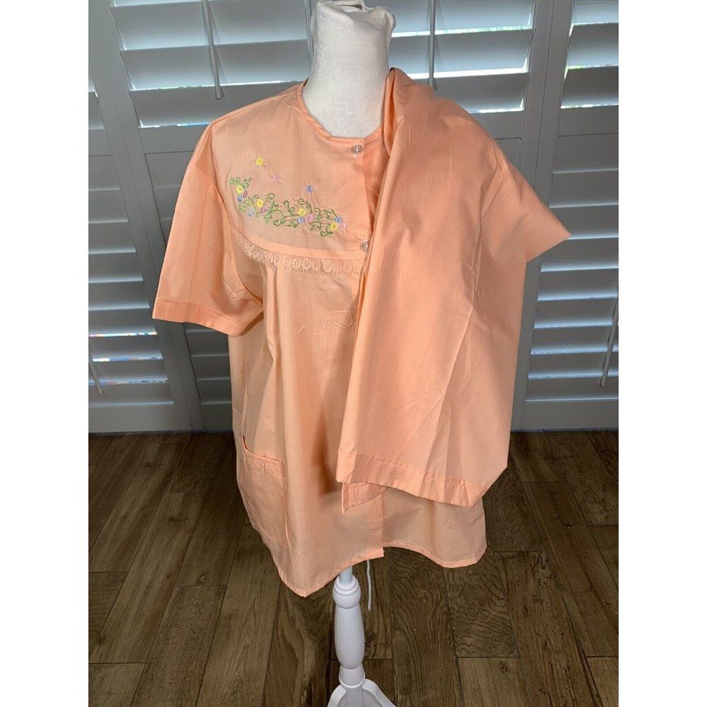 Women's 2 PC Peach Cotton Pajama Pants Set XL Embroidered Cottagecore Loungewear
